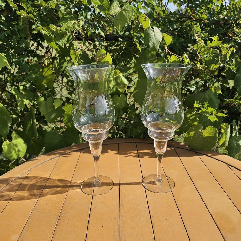 Vintage Set of 2 Princess House Heritage Etched Glass Hurricane Candle Holders